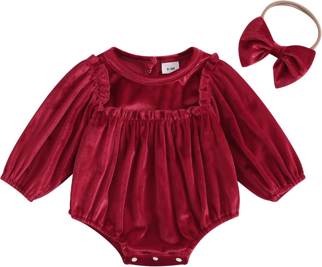 Thorn Tree Newborn Baby Girls Christmas Clothes Long Sleeve Velvet Ruffle Romper& Headband Fall Winter Outfits (0-3 Months, Red)