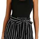 BEAUDRM Women's 2 Piece Solid Square Neck Pullover Tank Top and Floral Print Belted Shorts Sets , Size Large