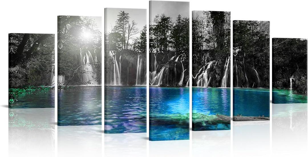 sechars XLARGE 7 Piece Waterfall Canvas Wall Art Black and White Teal Waterfall Landscape Picture Painting for Home Living Room Decor 10"x16"x2pcs+10"x24"x2pcs+10"x28"x2pcs+10"x32"x1pc(total W-70" x H- 32")