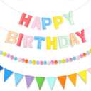 CANREVEL Pre-Strung 3D Happy Birthday Banner, 3 PCS Pastel Felt Garland, Pom Pom Garland, Triangle Fabric Bunting, Reusable Pastel Birthday Decorations for Women Girls