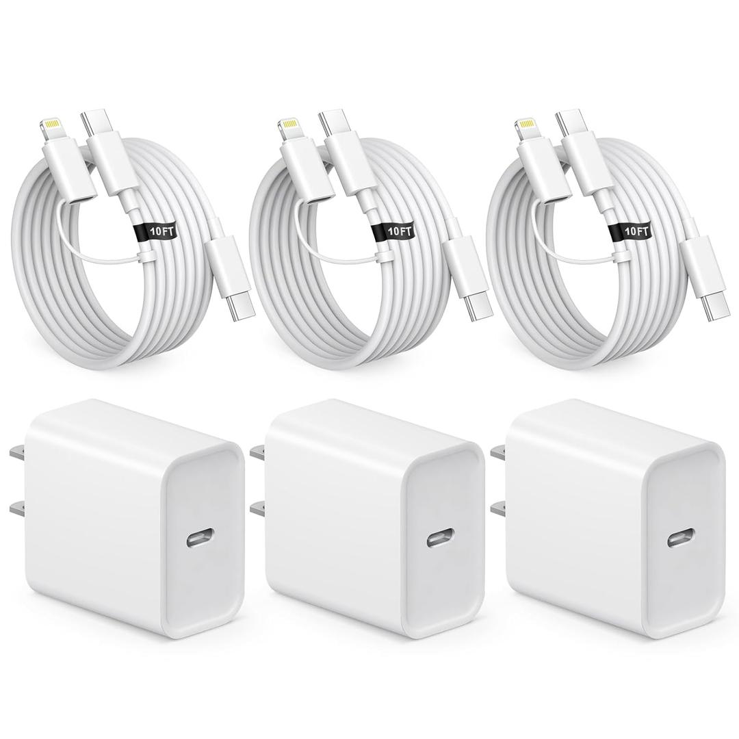 iPhone 17 16 15 Charger Fast Charging iPhone Charger 20W USB C Charger Block Type C Chargers 3 Pack 10FT Cord for iPhone 17/17 Plus/17 Pro/17 Pro Max/16/16 Plus/16 Pro/16 Pro Max/15 Pro Max/14Pro Max