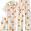 codcm Womens 3pcs Cotton Pajamas Set Short Sleeve Sleepwear Fruit Print Cute Pj Set with Long Pants(White, X-Small)
