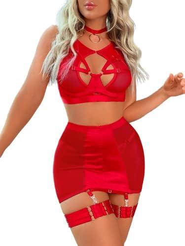 Kaei&Shi Garter Lingerie for Women, Strappy High Waisted Skirt G String 4 Piece Sexy Exotic Lingerie Outfits Set Boudoir, S