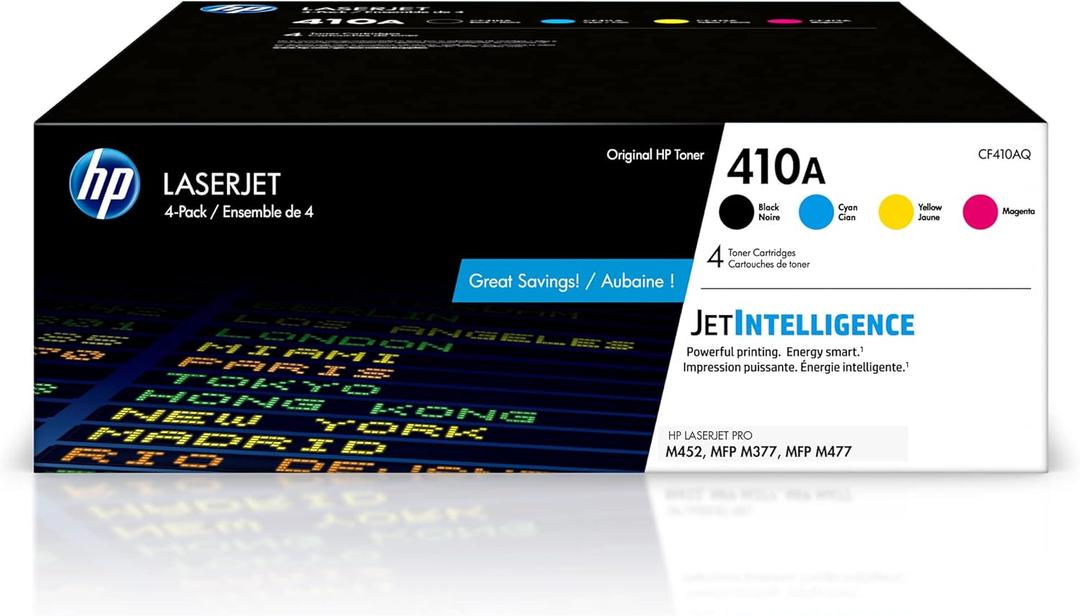 HP 410A Black, Cyan, Magenta, Yellow Toner Cartridges Printers (4-Pack) | Works with Color LaserJet Pro M452 Series; Color LaserJet Pro MFP M377, M477 Series | CF410AQ