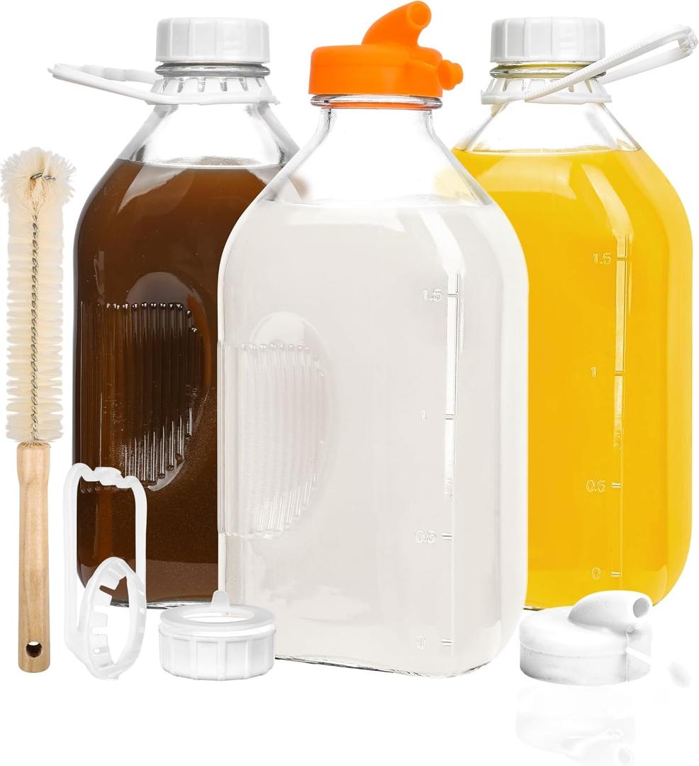 64oz Heavy Duty Glass Milk Bottle with Handle and Airtight Reusable Lids,3Pack Glass Milk Container for Refrigerator,Juice Jugs With 2 Exact Scale Lines