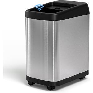 ELLO&ALLO 13 Gallon Kitchen Trash Can with Roll Up Lid, Automatic Touchless Motion Sensor Rectangular Trash Can with Wheels, Brushed Stainless Steel Finish