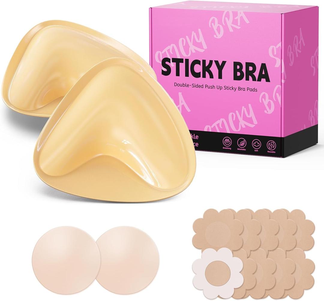 Ultra Push up Sticky Bra Pads | Double Sided Adhesive Inserts | Stick on for Sports Bra Swimsuit (Medium, Beige)