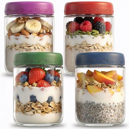 DicraoLea 16oz 4Pack Glass Overnight Oats Jars Containers with Airtight Leakproof Lids, Reusable Mason Jars for Meal Prep, Yogurt Parfaits, Smoothies, Salads & Healthy Breakfasts (16 OZ-4-1)