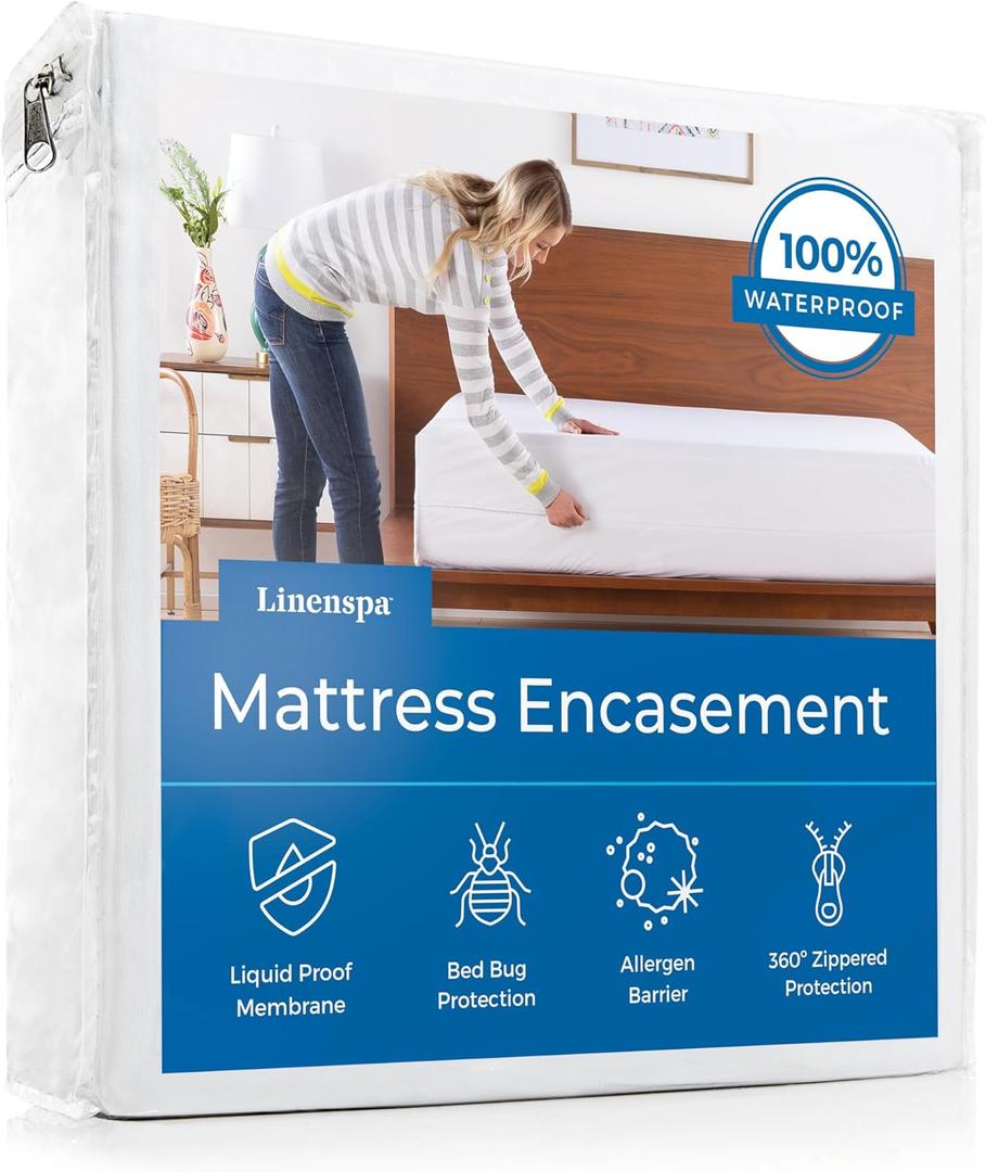 Linenspa Zippered Mattress Encasement - Waterproof & Bed Bug Proof - Premium Noiseless & Absorbent Cover  Queen, White
