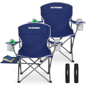 FUNDANGO Folding Camping Chair with Table, 2 Pack Portable Heavy Duty Outdoor Padded Chairs for Adults with Cup Holders for Lawn Beach Picnic Outside Travel (Blue)