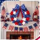 Dingion 4th of July Patriotic Plush Wreaths 16 Inch Red White and Blue Star Wreaths with Bow for Front Door Independence Memorial Day Decoration Garland for 250th Anniversary Flag Labor Day Wall