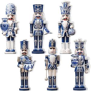 Yerliker 6 Pcs Christmas Nutcracker Table Decorations Wooden Blue White Porcelain Nutcracker Table Centerpiece Double Sided Chinoiserie Soldier Wood Signs for Christmas Tabletop Home Tiered Tray Decor