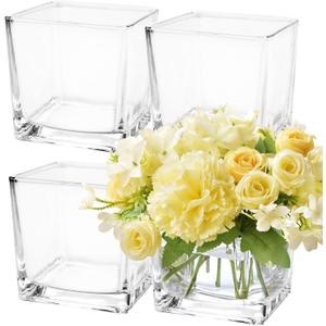 4 Pack 6 x 6 x 6 Inch Square Glass Vases, Clear Square Vases for Centerpieces, Glass Cube Flower Vases Short Vases for Candle Holder Events Wedding Party Home Decoration