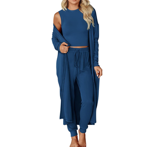 KIRUNDO Women Spring 3 Piece Outfits Casual Fall Long Sleeve Long Cardigan Sleeveless Crop Top Drawstring Pants Lounge Sets, XXL