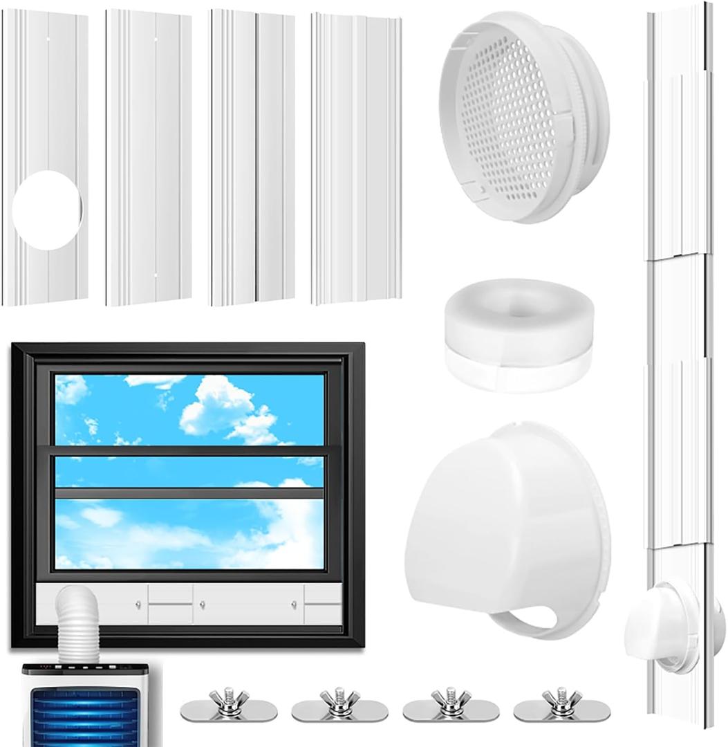 Portable AC Window Vent Kit with Universal Coupler for 5.1"/5.9" Exhaust Hose, Upgraded Mobile Air Conditioner Window Seal Kit with 4 Adjustable Seal Panels for Horizontal & Vertical Sliding Windows (Max 61" Height+Universal Coupler+Rain Cover)