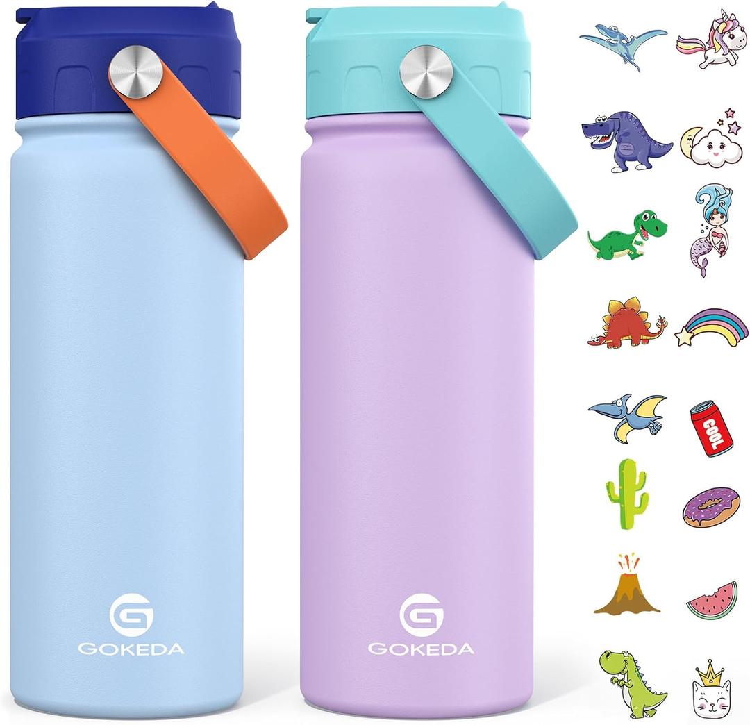 GoKEDA 18oz Kids Water Bottle, 2 Pack Insulated Bottles with Stickers, 18/8 Stainless Steel Vacuum Leak Proof Straw Cup for School, Gifts for Girls(Light Blue, Purple)