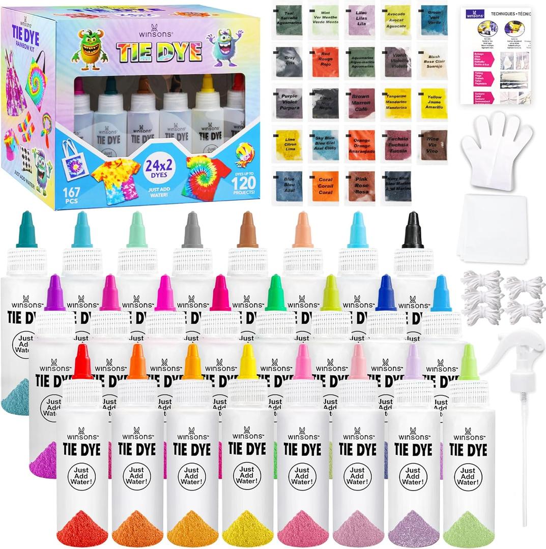 Tie Dye Kit, Tie Dye Set for Kids, 24 Vibrant Colors Pre-Filled Tye Dye Bottles, Non Toxic Permanent Fabric Dye Art Set, Easy DIY Fabric Art - Create Fun(24 Colors)