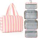 Toiletry Bag for Women Travel Water-resistant Cosmetic Bag Fashion Stripes Makeup Bag with Hanging Hook Preppy for Store Toiletries Cosmetic Accessories Medium Pink