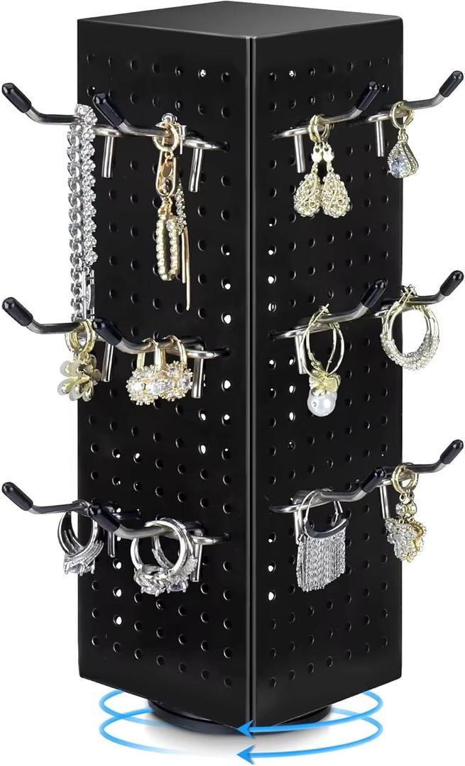Black Rotating Pegboard Display Stand Pegboard Spinner Organizer(NO HOOKS), 4 x 4 x 12 Inches Four Sided Retail Display Racks Revolving Metal Display Turntable for Jewelry, Accessories, Crafts