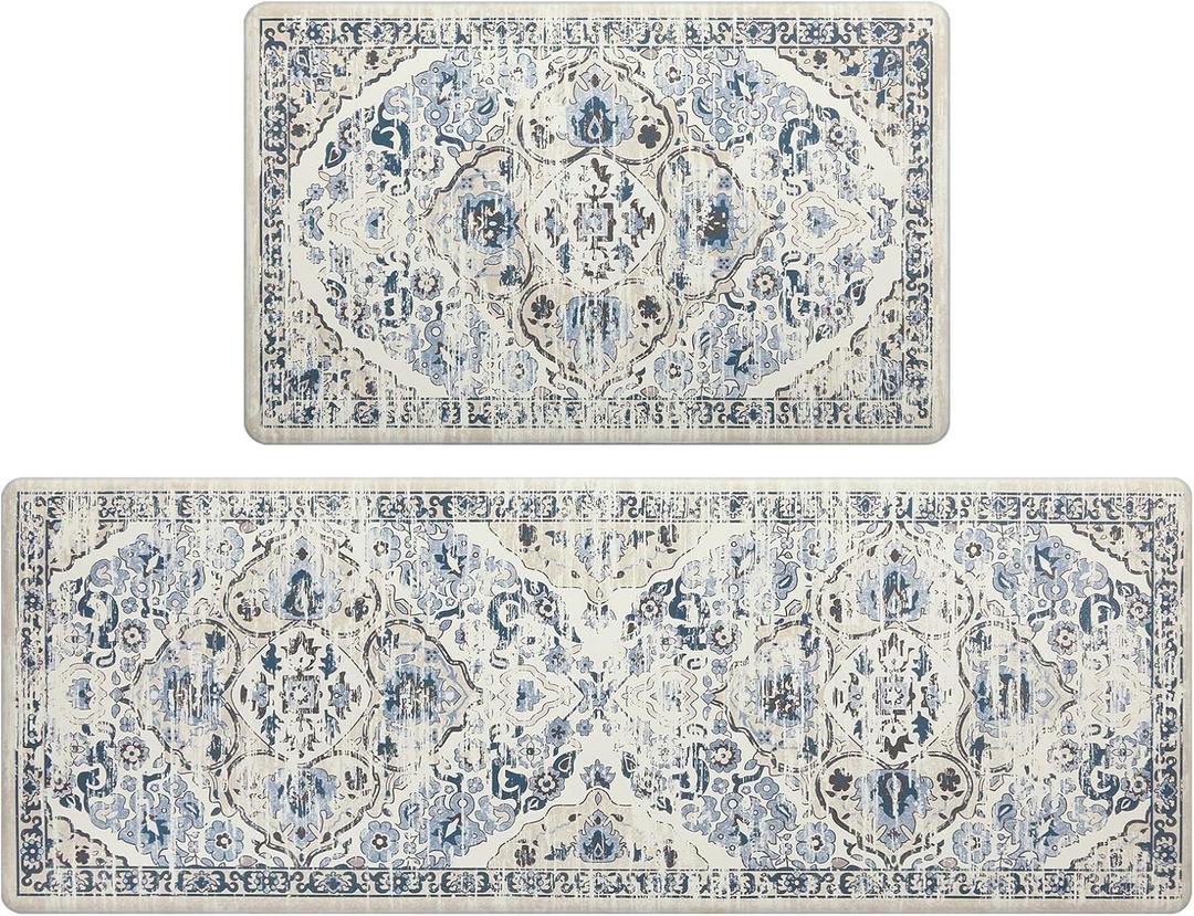 Ileading Cushioned Kitchen Rugs Sets of 2 Waterproof Anti Fatigue Mats for Kitchen Floor Non Slip Stain Resistant Floor Mats PVC Ergonomic Comfort Rugs for Kitchen, Home, Sink, Laundry, Blue (17"x47"+17"x28"-0.4")