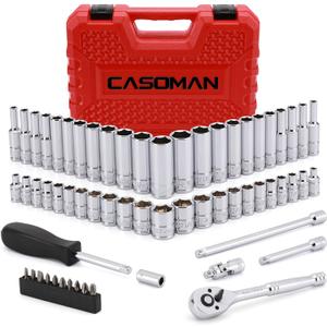 CASOMAN 1/4-Inch Drive Master Socket Set with Ratchets, Adapters, Extensions with 1/4’‘ Dr. Bits Set, Inch/Metric, 6-Point, 5/32-Inch - 9/16-Inch, 4 mm - 14 mm, 62-Piece 1/4" Dr. Socket Set