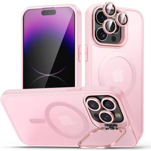 for iPhone 14 Pro Case, Compatible with MagSafe, Built-in Camera Ring Stand, with Individual Camera Cover, Translucent Matte Military-Grade Drop Protection Magnetic Case, Pink