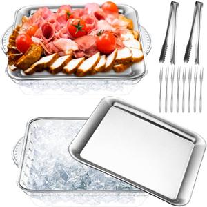 Baderke 2 Set 9" Chilled Serving Tray for Parties with Compartments Ice Chilled Party Platter Charcuterie Serving Board Cold Dish Dip with Forks Tongs for Fruit Seafood Vegetable Appetizer(Silver)