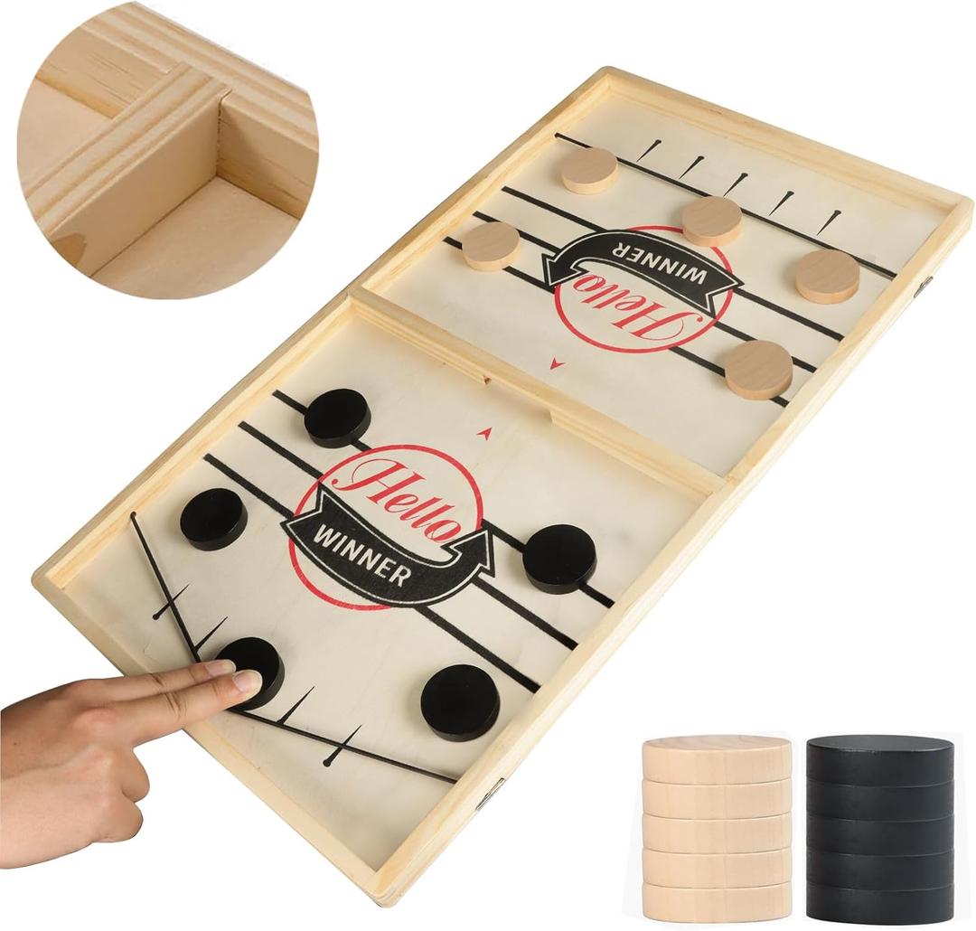 Fast Sling Puck Game Test Your Speed and Accuracy, Large Size Fast Action Wooden Air Hockey Board Game (22"x12")