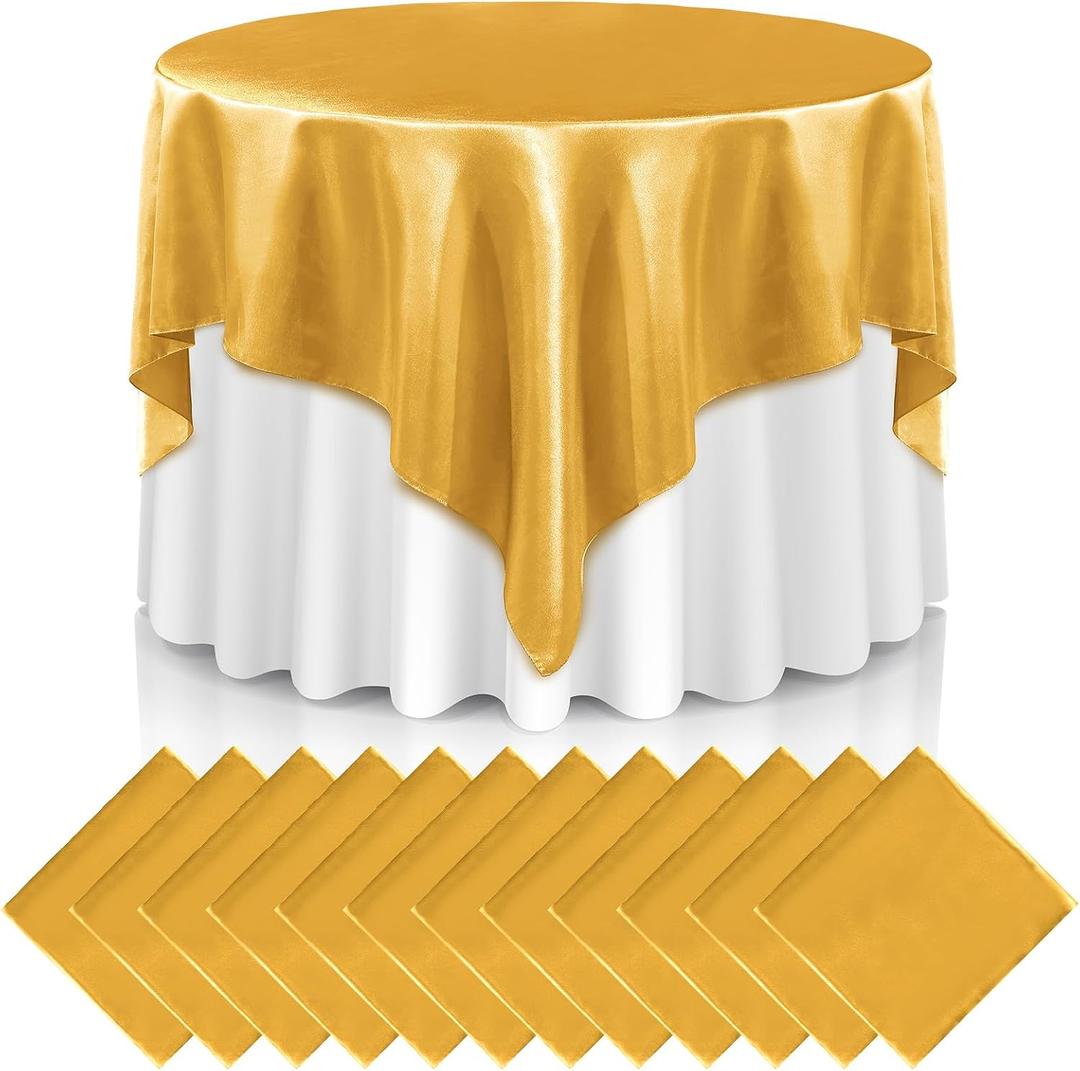 Newwiee 12 Pcs 72 Inch Satin Tablecloth Square Overlay Smooth Fabric Tablecloth Satin Table Cover Fabric Decoration Dining Cloths for Party Wedding Banquet Table Decoration(Gold)