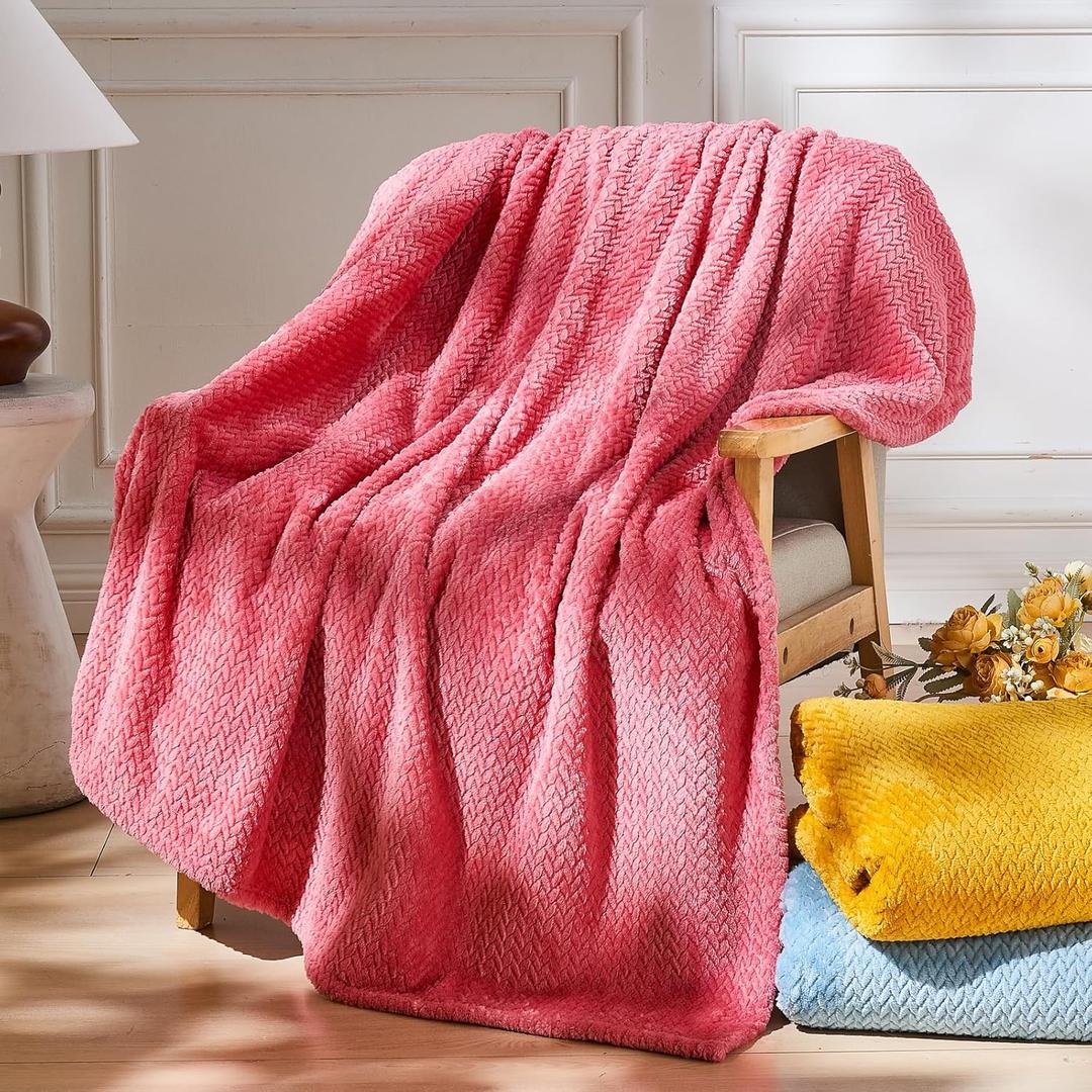 NEWCOSPLAY Super Soft Twin Blanket Coral Pink Premium Silky Flannel Fleece Leaves Pattern Lightweight Bed Blanket All Season Use (Coral Pink, Twin(60"x80"))