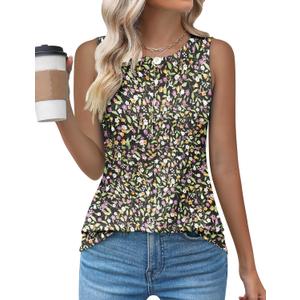 Kistore Womens Summer Tank Tops Sleeveless Crew Neck Pleated Blouse Shirts Fashion Clothes 2025 (Medium, A2 Floral Black Purple)