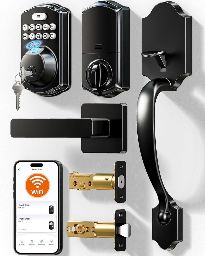 Veise VE012W-H WiFi Smart Front Door Lock Set, Built-in WiFi, App Remote & Voice Control, Fingerprint Keyless Entry Smart deadbolt with Handle, Backlit Keypad, Auto Lock, IP55 Waterproof, Matte Black
