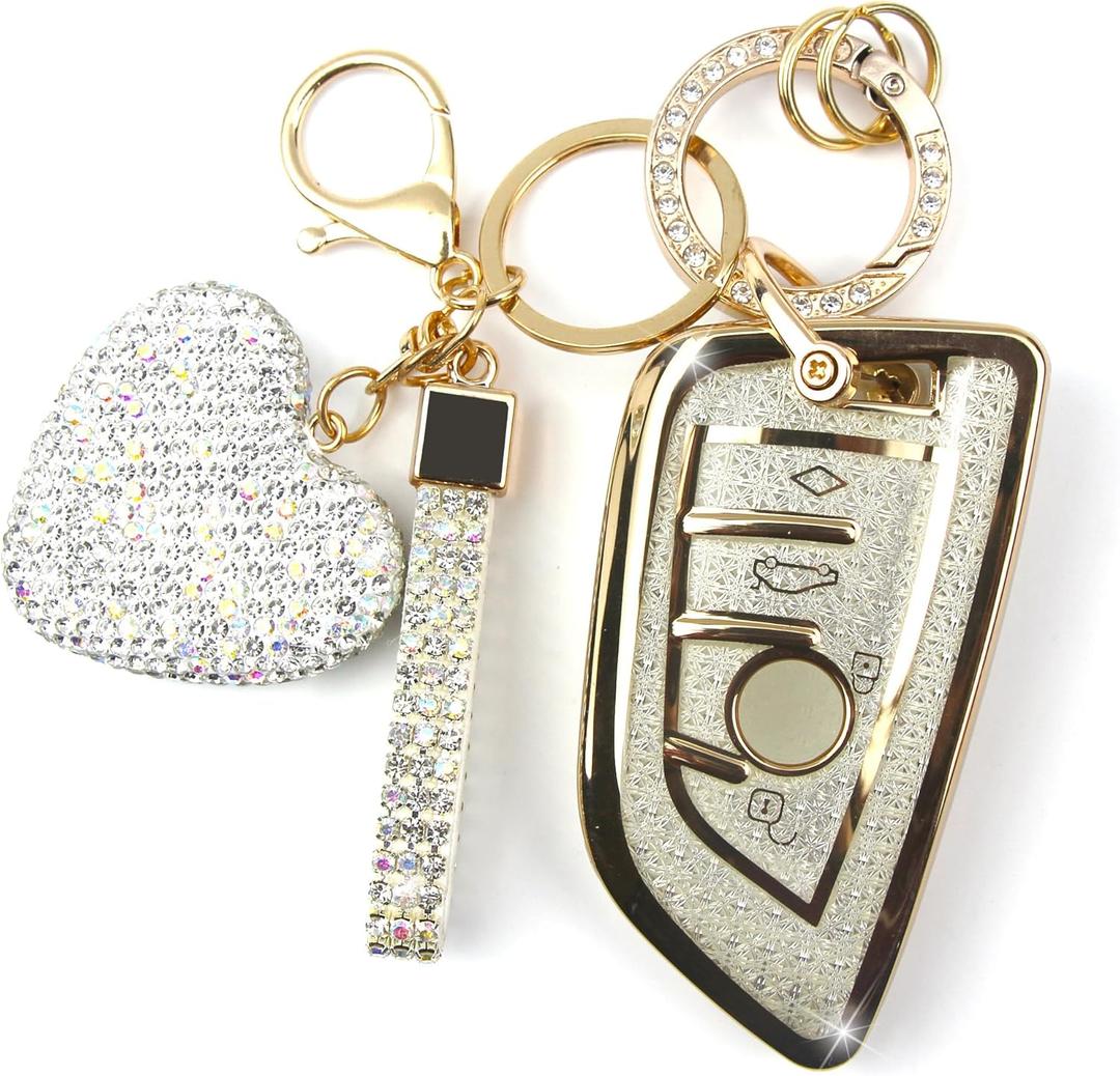 Key Fob Cover with Diamond Keychain Car Key Holder Case Compatible with BMW X1 X2 X3 X5 X6 X7 GT and 2 5 6 7 Series Smart Remote Key Protector for Women, 3 Buttons (White-Heart)