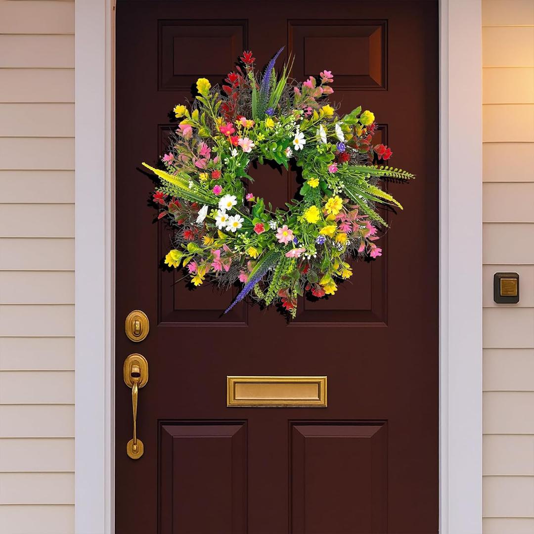 Artificial Flower Wreath 20 Inch Front Door Wreath Colorful Wildflowers Greenery for Indoor Outdoor Wall Window Farmhouse Rustic Spring Summer Wedding Party Festival Home Decor