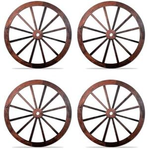4 Pcs Wooden Wagon Wheel Wall Decor 10 Inches Old Western Wall Art Boho Farmhouse Wagon Wheels Vintage Wood Garden Wagon Wheel for Yard Decor Garden Home Bar Garage Decorative