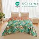 Boho Throw Blanket - 90"x90" 100% Cotton Ultra Soft Lightweight Spring Blanket, 4-Layer Breathable Muslin Blankets for Bed Couch, Reversible Green Floral Printed Bohemian Cotton Quilt