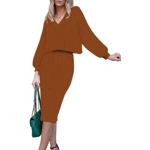 HUUSA Women 2 Piece Sweater Midi Pencil Skirt Set Fall Winter Split Dress Batwing Long Sleeve Oversized Top Casual Outfit (Orange)