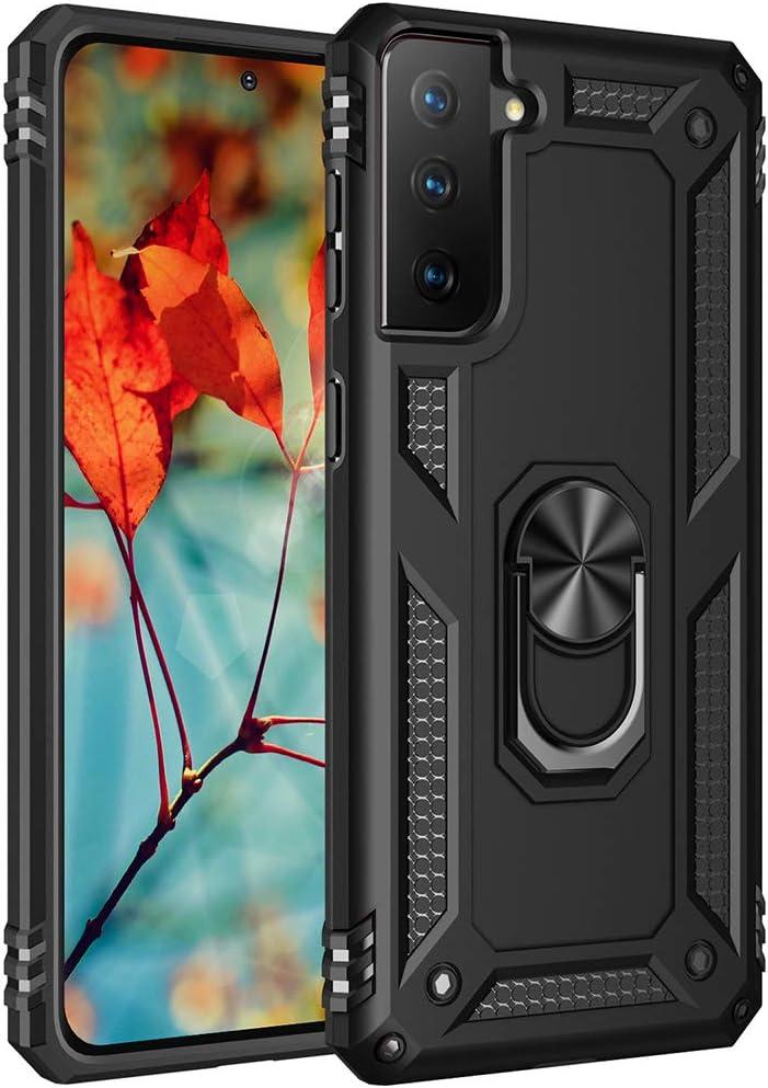 Dionsibei Military Grade Drop Impact for Samsung Galaxy S21 Plus Case 360 Metal Rotating Ring Kickstand Holder Armor Heavy Duty Shockproof Case for Galaxy S21 Plus Phone Case (Black)