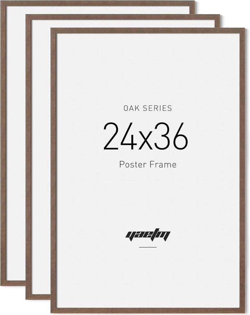 Yaetm Minimalist 24x36 Poster Frame Solid Walnut Wood Frame 24 x 36 for Picture & Art Print, Lightweight, Horizontal and Vertical Wall Hanging for Photo Gallery (Pack of 3, Walnut)