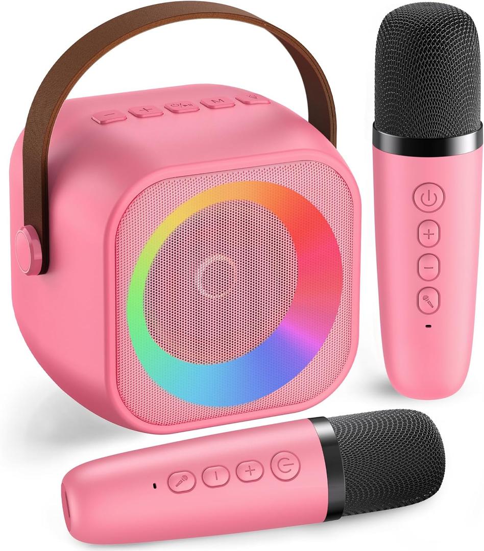 Mini Karaoke Machine with 2 Wireless Microphones for Kids Adults,Portable Bluetooth Karaoke Speaker with Party Lights,Christmas Birthday Gifts for Girls Ages 4, 5, 6,7, 8, 9, 10,12+ Family Home Party (Hotpink 2 Mics)