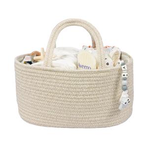 Baby Diaper Caddy Organizer for Girl Boy Cotton Rope Nursery Storage Bin Basket Portable Holder Tote Bag for Changing Table Car Travel Baby Shower Gifts Newborn Registry Must Have Items oatmeal (Regular)