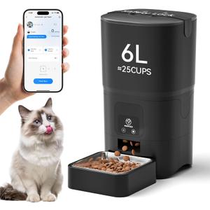 PAPIFEED Automatic Cat Feeder 6L Large Capacity, Smart WiFi Feeder with App Control & Stainless Steel Bowl for Cats Dogs, Anti-Clog Anti-Theft Design, 2.4GHz Only, Easy Setup, Black