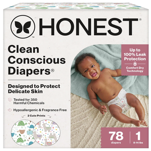The Honest Company Comfort Dry Disposable Diapers for Sensitive Skin, Hypoallergenic, All The Alpacas + Turtle Time, Club Box Size 1 (8-14 lbs) 78 Count
