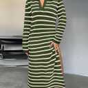 Saodimallsu Womens Striped Sweater Dress Fall Chunky Knit V Neck Collared Long Sleeve Sexy Slit Loose Midi Dresses (Green)