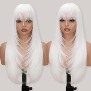White Long Straight Layered Wig with Bangs for Women 26 inch Put on Go Realistic Synthetic Fiber Heat Resistant Natural Wig for Girls Party Cosplay and Daily Use