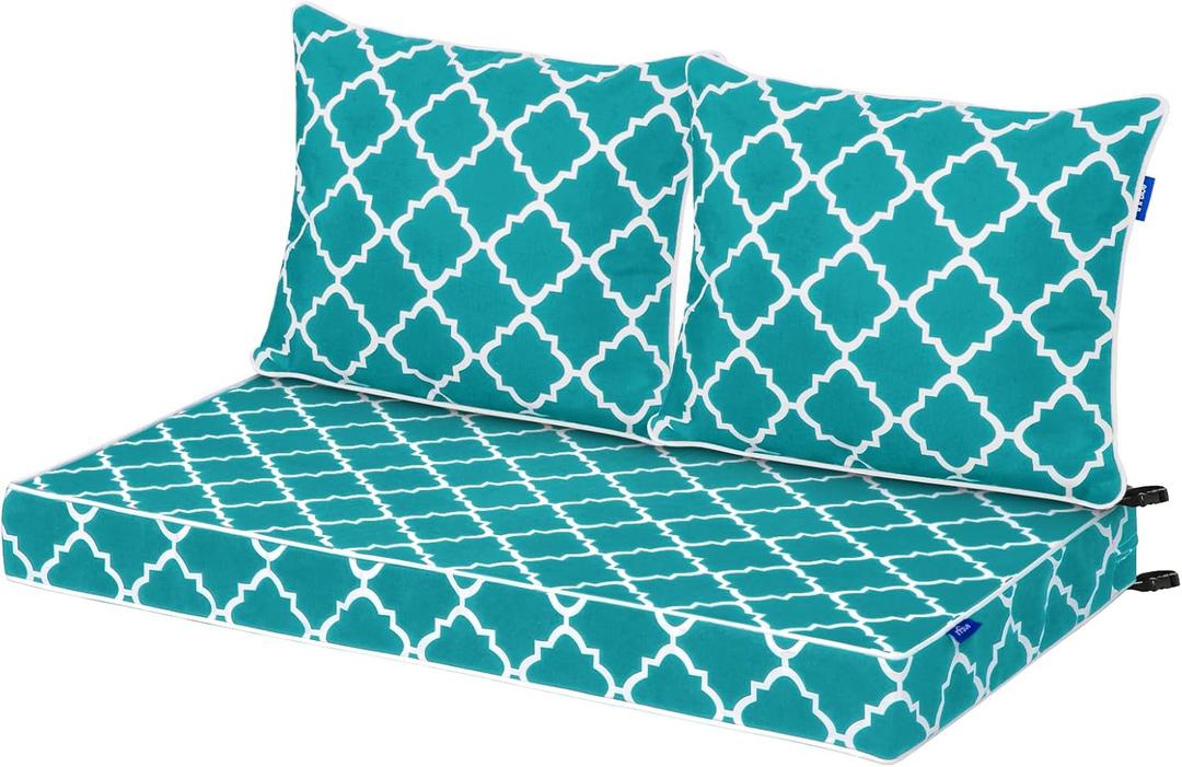 Outdoor Loveseat Cushion Set 44'' x 24'', Outdoor Cushions for Patio Furniture with Fastness Cover, Water Repellent Outdoor Seat Cushion and Couch Back Cushions for Bench, and Swing (Aqua Plaid)