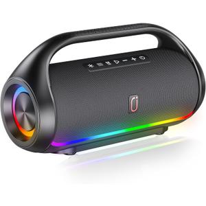 Bluetooth Speaker, IPX5 Waterproof Portable Bluetooth Speaker with Powerful Bass & LED Lights, BT5.3, Wireless Stereo Pairing for Home Party, Beach, Outdoor Camping, Support USB/TF Card/AUX/TWS (No Mic)