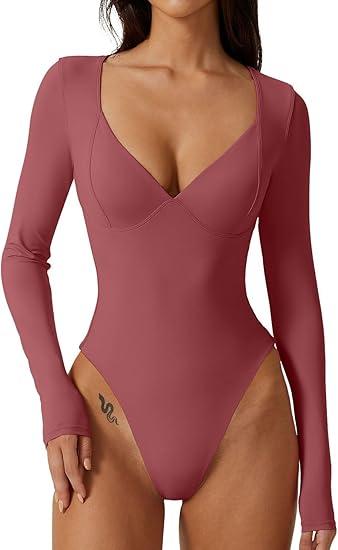 QINSEN Women's Long Sleeve Bodysuit V Neck Body Suits Seamed Cup Going Out Tops Shirt
, Size S-M