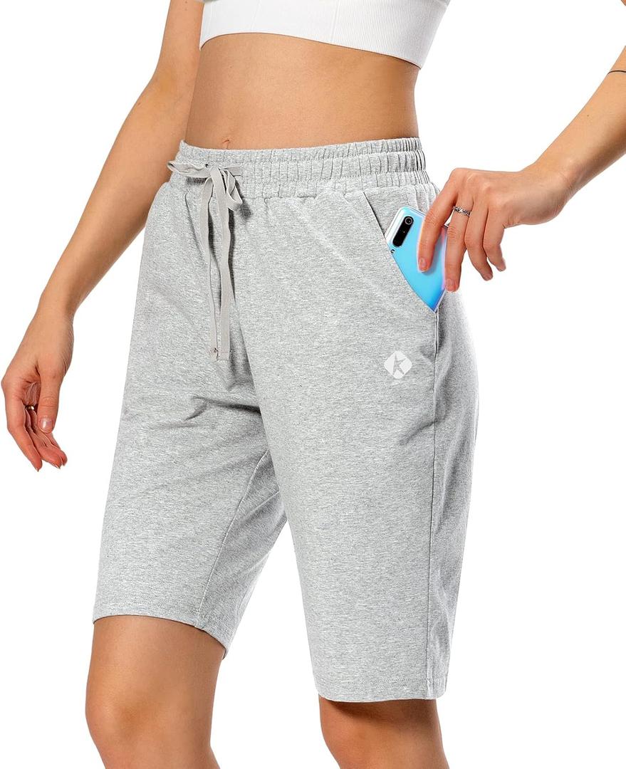 Women's Bermuda Shorts Long Cotton Sweat Knit Shorts Pull On Walking Lounge Shorts with Pocket (Light Grey, XL)