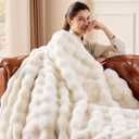 IFNOW Cozy Faux Rabbit Fur Bubble Blanket Queen Size,Cream,90"x90", 9090